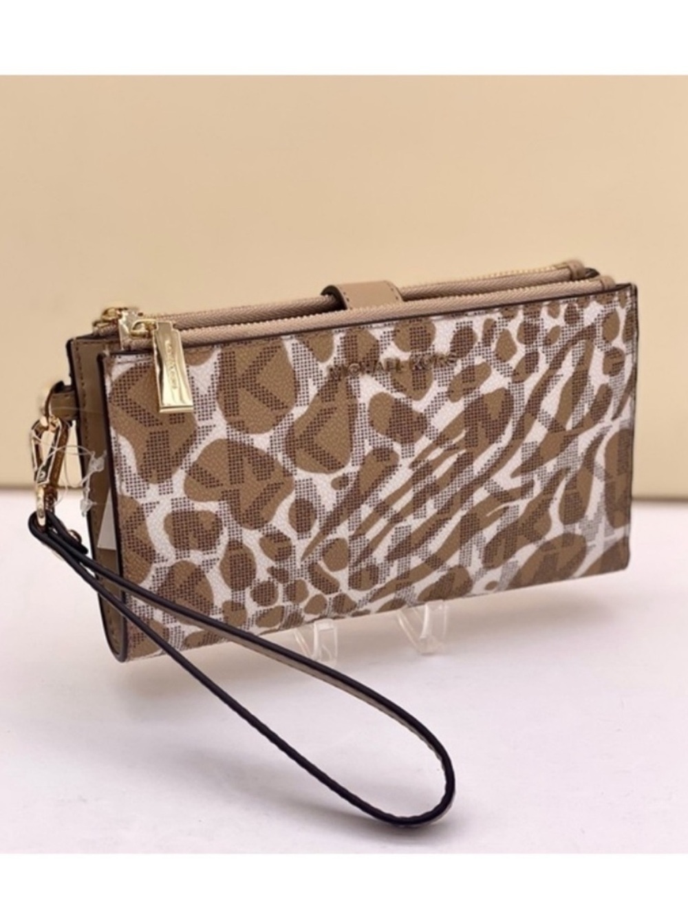 Michael Kors Animal Print Wristlet in Khaki and Cream with Gold Hardware
